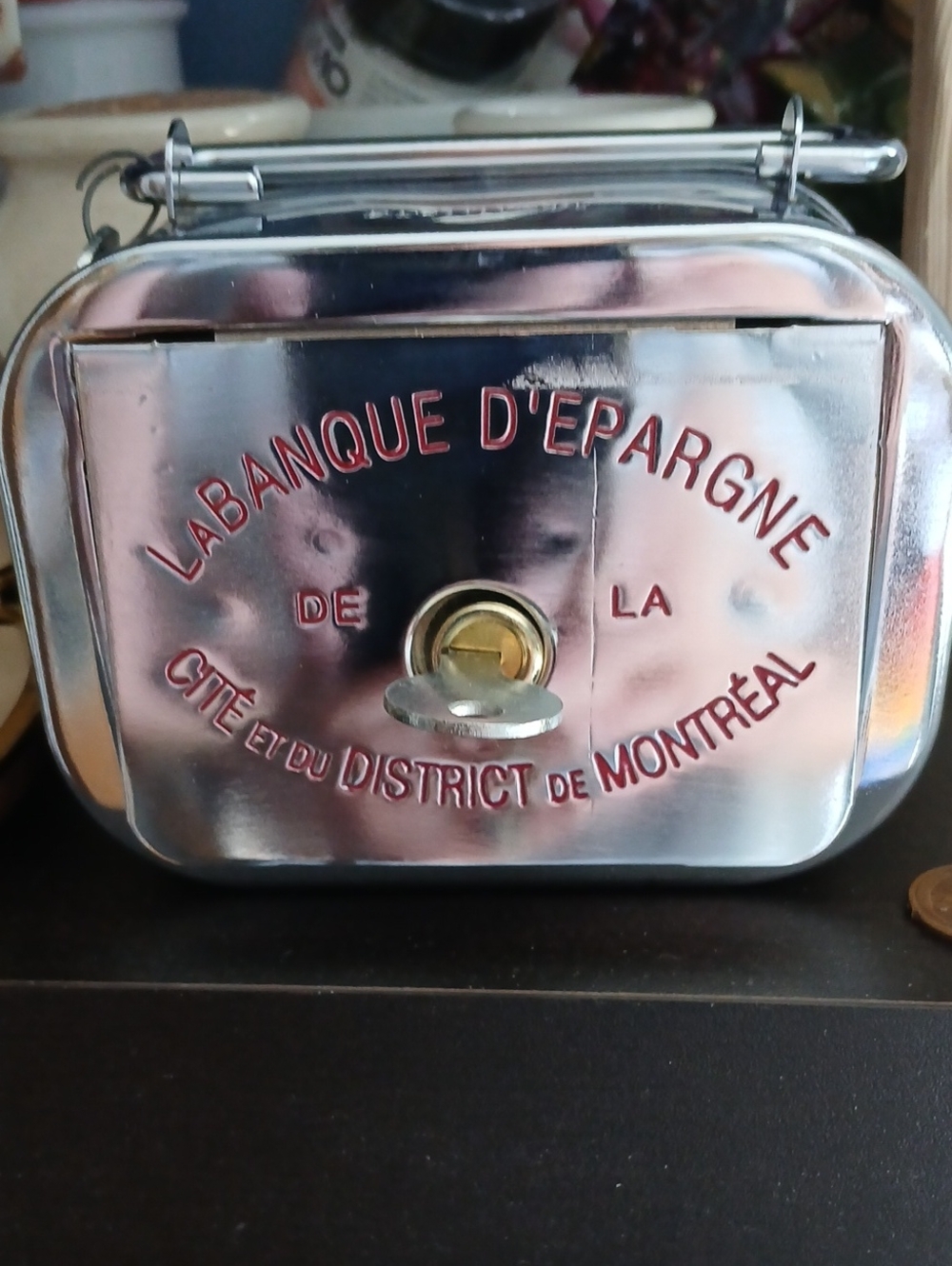 Vintage Silver Coin Bank with Red Lettering - LABANQUE D'EPARGNE With Key